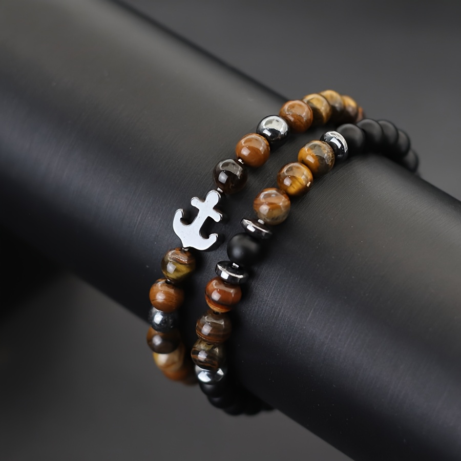 2pcs Vintage Stone Beads Stackable Anchor Bracelets for Men